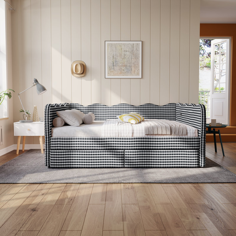 Lit de jour Gingham avec 2 tiroirs de rangement et port USB, forme ondulée, Noir, Grand lit