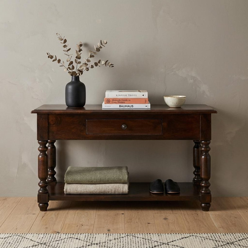 Console en bois massif brun de 86 cm (34 po) avec tablette et tiroir