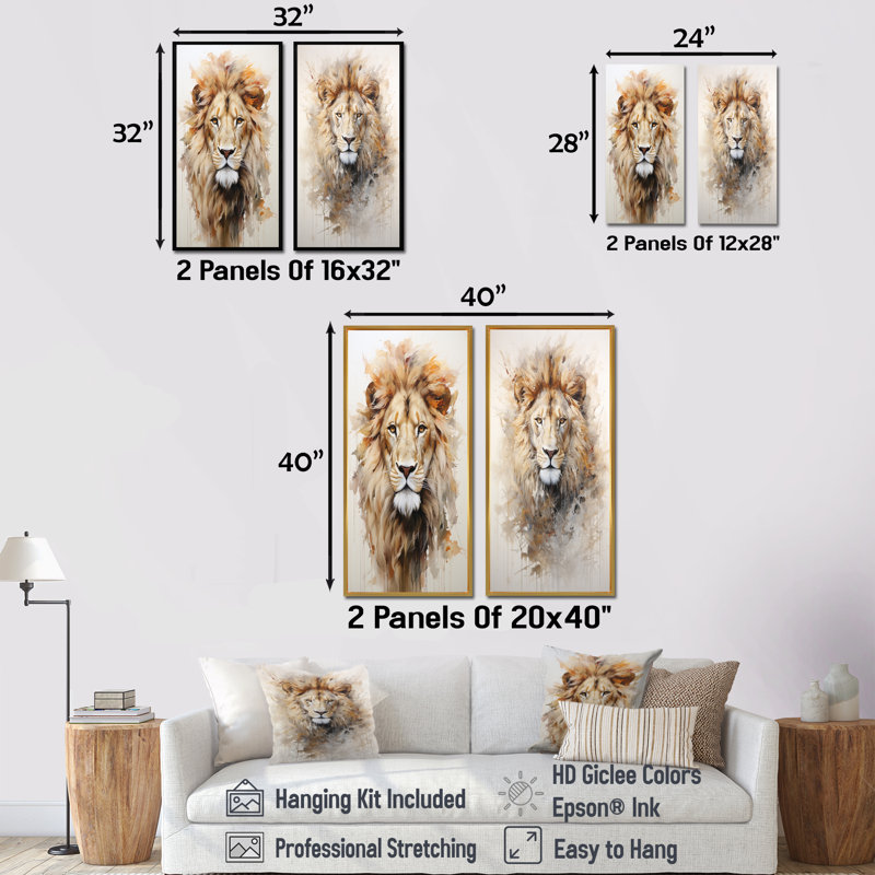 «Powerful Lions Stare Portrait» - ensemble de salon mural Lion, Toile tendue, H 28 po x l 25 po