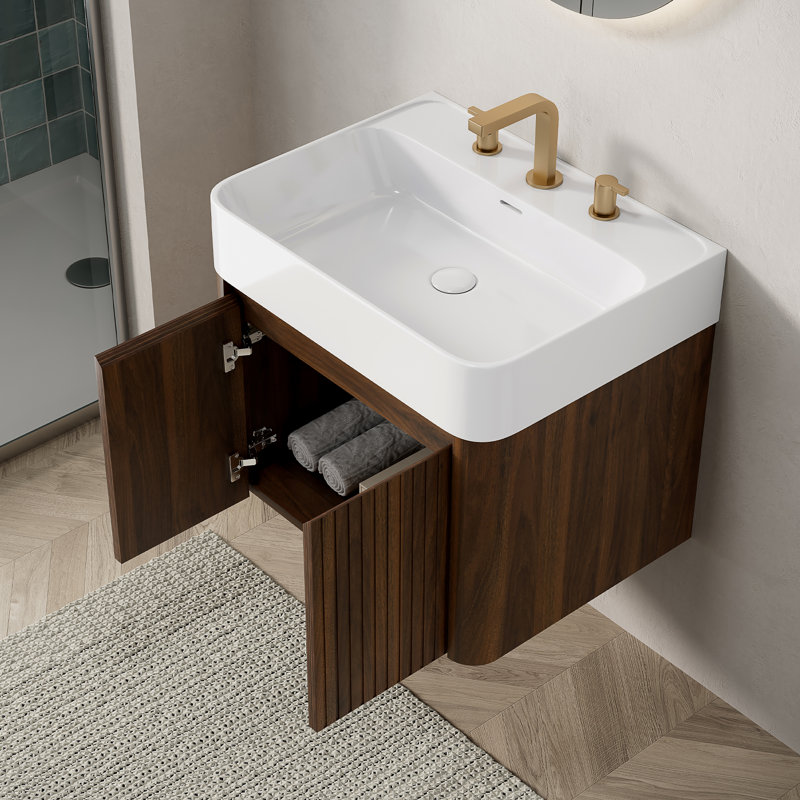 Meuble-lavabo mural en noyer de 24 pouces, meuble de salle de bain suspendu moderne (meuble seulement)