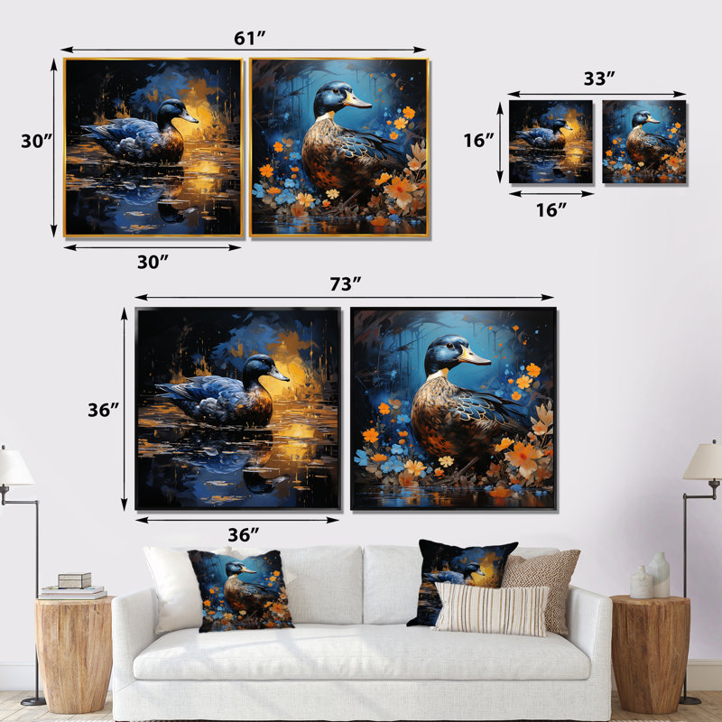 «Blue Duck Midnight Ponder I», ensemble de salon mural 2 pièces, H 36 po x l 73 po x P 1,5 po, Cadre flottant blanc