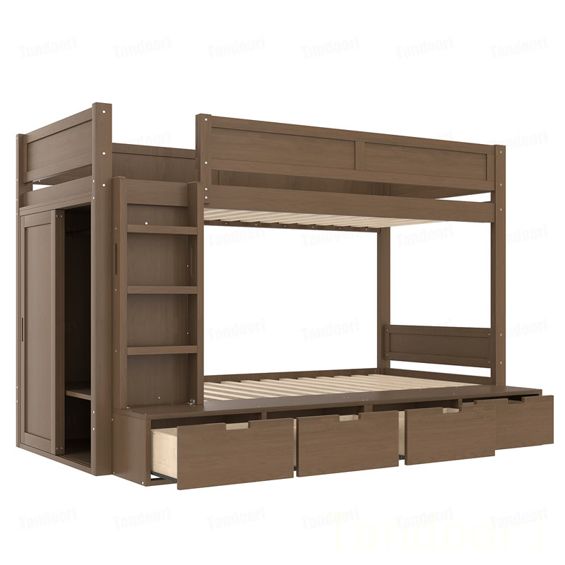 Lit superposé simple au-dessus de simple avec 4 tiroirs de rangement, lit superposé en bois massif avec garde-robe intégré et garde-corps pleine longueur, aucun sommier nécessaire
