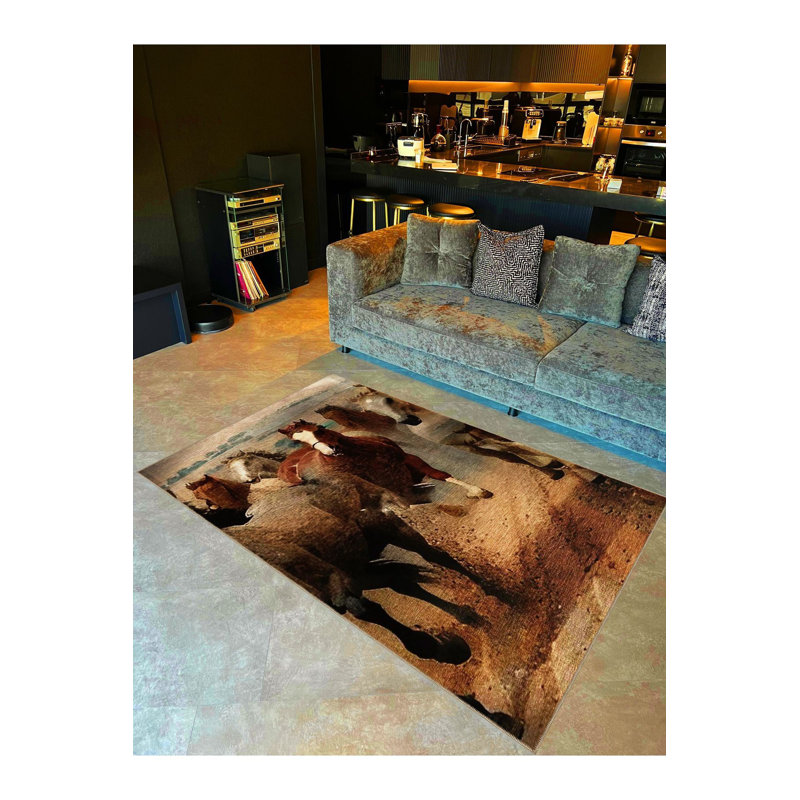 Tapis tissé brun à motif machine à cheval lavable à la machine, Tapis de couloir 4 pi 11 po x 9 pi 10 po inclus