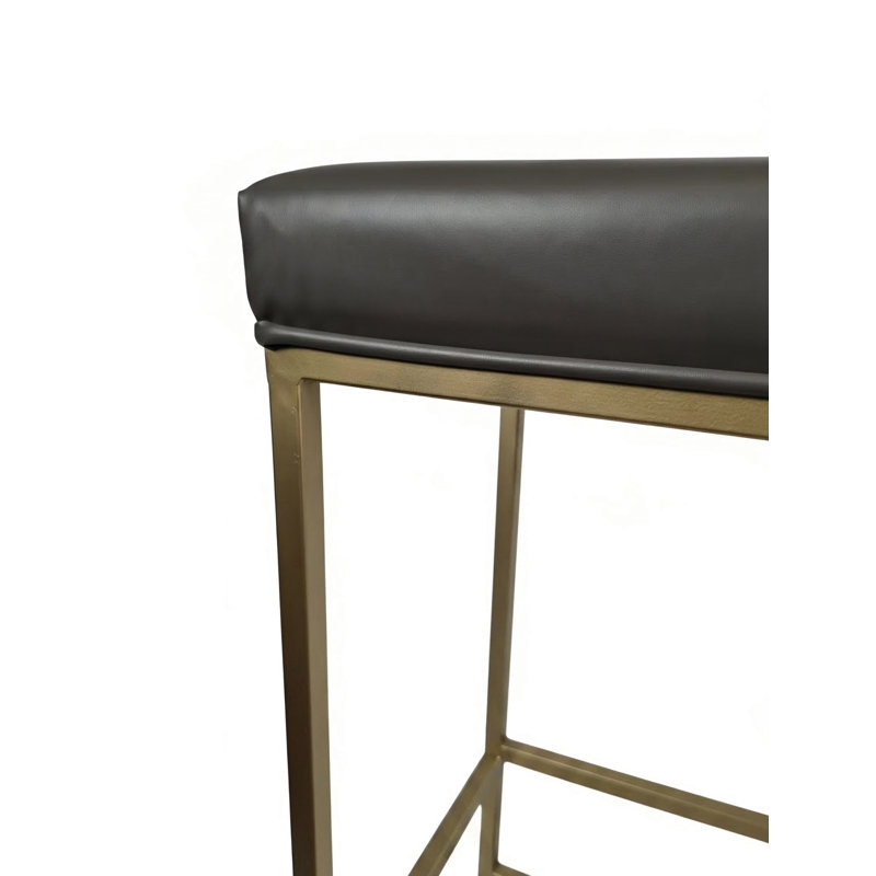 Bar Stool With Grey Leather, Gray Seat/Gold Frame