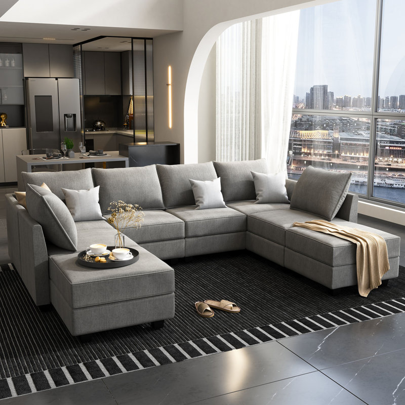 Canapé modulaire en U avec repose-pieds Coss, Polyester gris