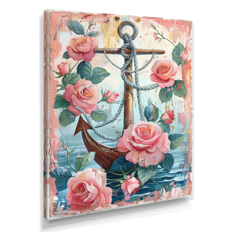 Ancre de pirate rose et vert avec roses roses II - décoration murale bord de mer, Toile tendue, H 24 po x l 32 po x P 1 po