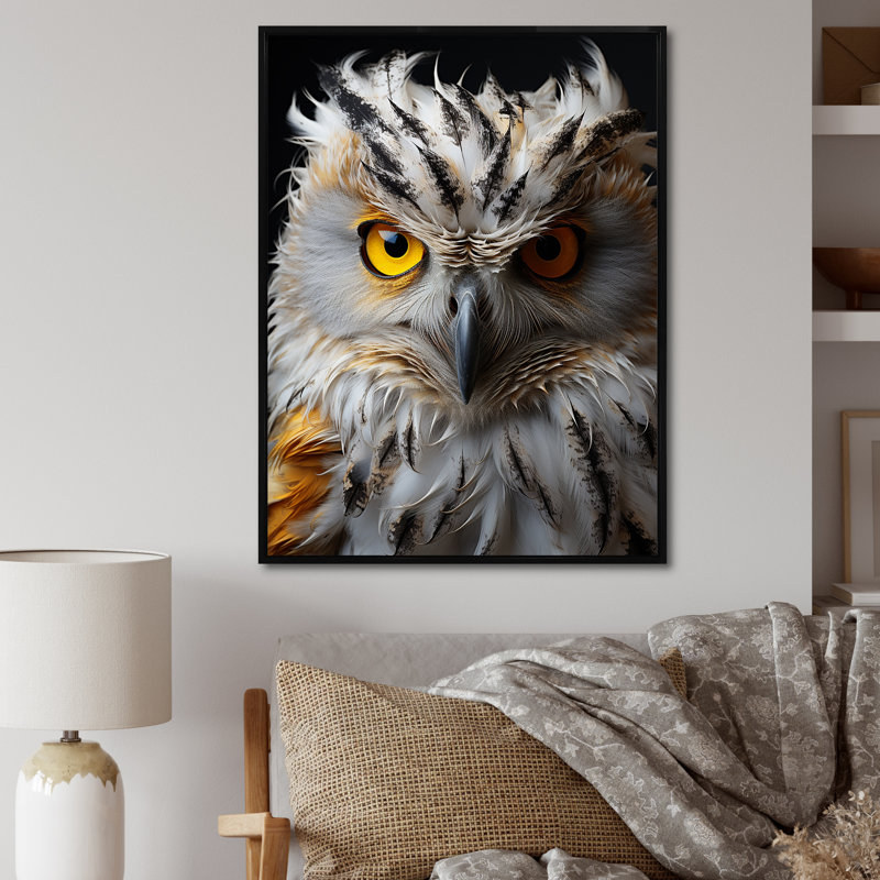 Hibou gris animal monochrome - imprimé, H 32 po x l 16 po x P 1 po, Cadre flottant noir