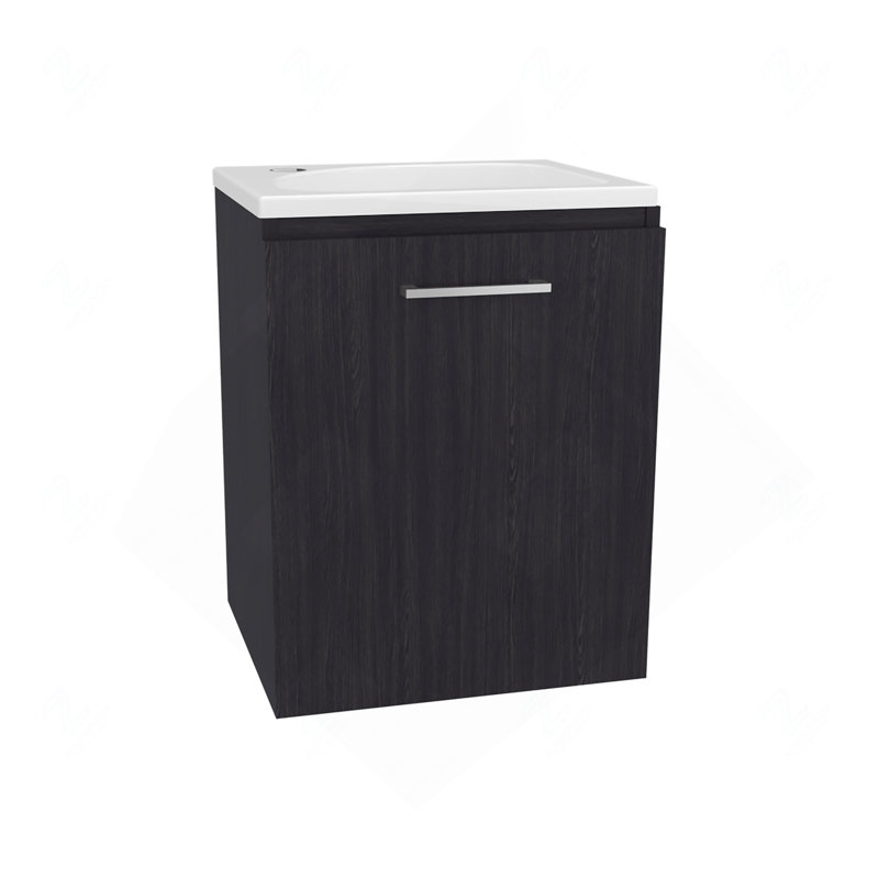 Meuble-lavabo flottant à une porte, avec lavabo en résine et une tablette, rangement pour salle de bain, noir, Noir