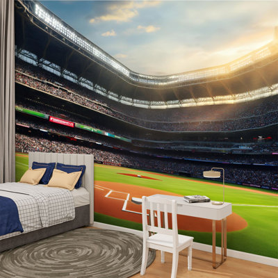 Peel and Stick Canvas Wallpaper Wall Mural Baseball Field Stadium Sport Games Crowded Bright Sky Central Pitcher Wall Art Self Adhesive and Removable