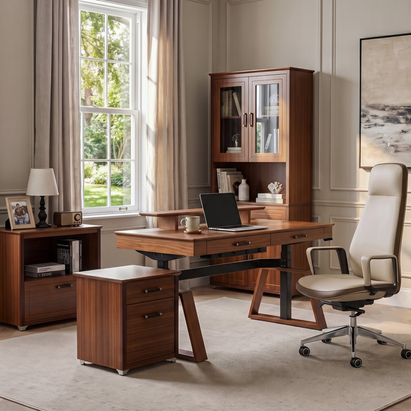 63" Walnut Full Home Office Set, Height Adjustable Standing Desk with Storage Cabinet, Bookcase & Ergonomic Executive Office Chair
