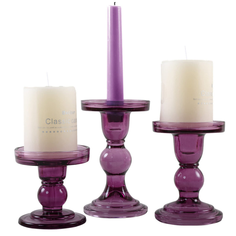 Ensemble de porte-bougies en verre 3 pièces, Mauve