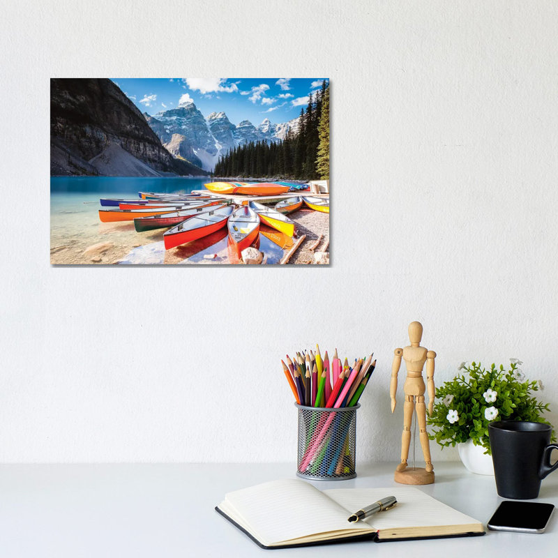Canoes, Moraine Lake by Matteo Colombo - Wrapped Canvas Print, 20.32 cm H x 30.48 cm W