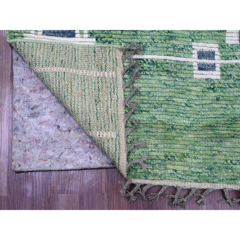 5'1"x12'3" Green Moroccan Weave Line Design Wool Hand Knotted Runner Rug 2C87AE94512948639E3B8F62EF58EB93