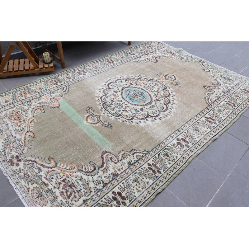 Tapis Oushak turc rétro fait à la main - grand tapis de chambre en bronze au design organique