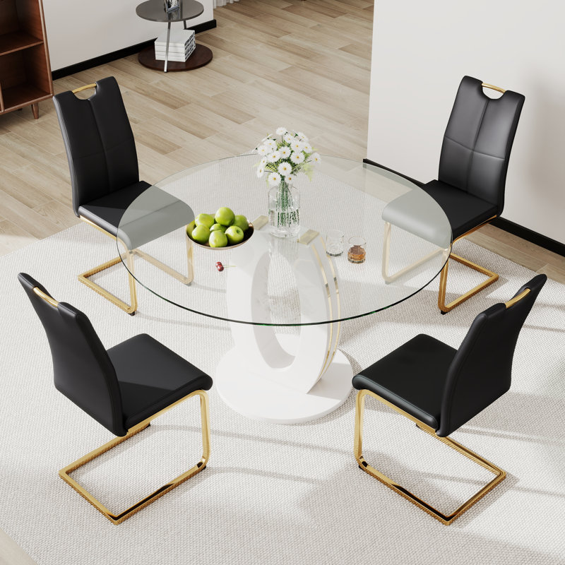 Ensemble de table de salle à manger haute brillance pour 4 à 6 personnes, Noir et or, Blanc, 5