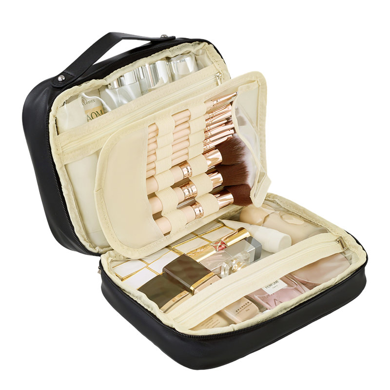 PU Leather；Polyester；PVC；Nylon Zipper Makeup Organiser, Black