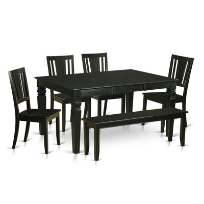 6 Piece Dining Table Set Contains a Rectangle Wooden Table with Butterfly Leaf and 4 Dining Room Chairs with a Bench, 42x60 Inch, Black