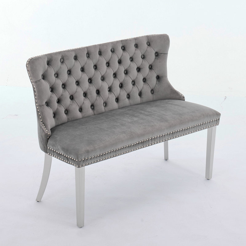 Velvet Double Dining Loveseat Bench, Kitchen & Dining Seating, 2-Seat Tufted Bench W/Handmade Buttons, Wing Back, Brushed Silver Stainless Steel Legs, Mid Century Modern,Single Pack,Gray,SW1702GY