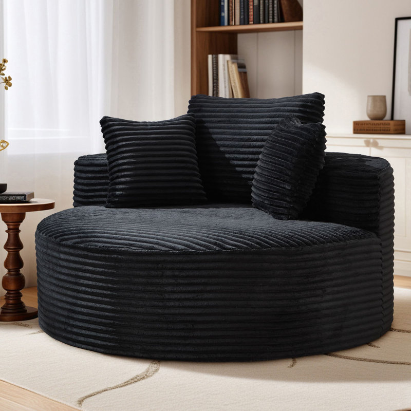 Upholstered Boneless Corduroy Barrel Curved Sofa with Wide Armrests, Compression Round Chaise Lounge, No Assembly, Black