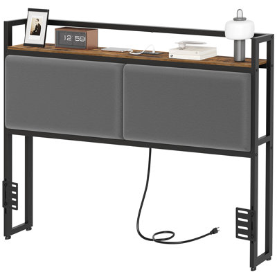 Upholstered Headboard Metal Frame with Charging Station and Storage