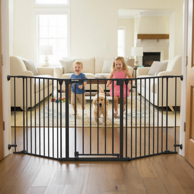 Barrière de sécurité extra large Mumeasy 80 po pour portes et escaliers, barrière pour chien d'intérieur, fixation murale, porte à fermeture automatique, grande barrière de sécurité pour enfants pour l'extérieur, terrasse, jardin, 3 panneaux métalliques, blanche
