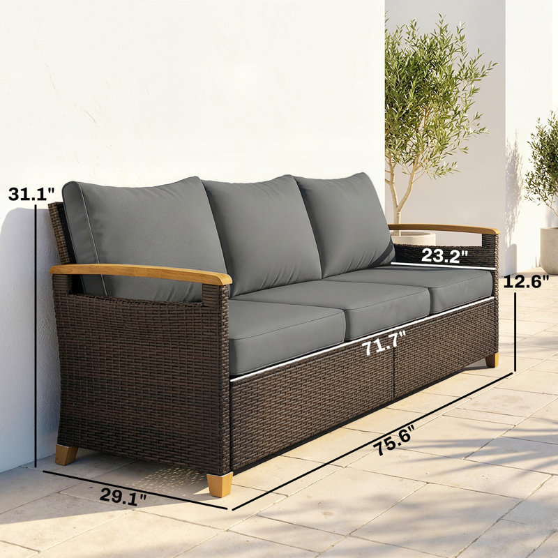 Canapé d'extérieur 3 places en résine tressée PE avec coussins de 10 cm, gris, Gris