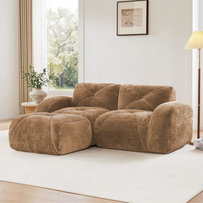 Canapé en forme de L sans os, tissu de velours doux, conception capitonnée, éponge haute densité 32D, aucun assemblage requis, conception ergonomique du bas, conception antidérapante, repose-pieds mobile pour les chambres à coucher, chameau