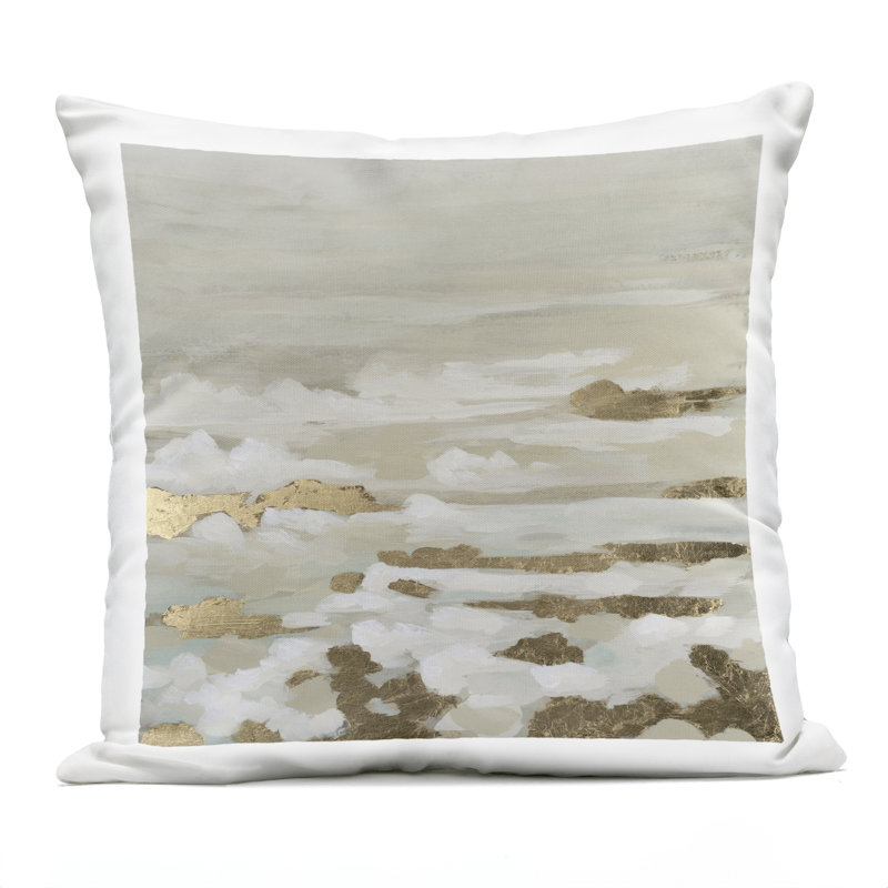 Oreiller imprimé extérieur Gilded Surf Abstract Waves par June Erica Vess, Beige / abstrait or
