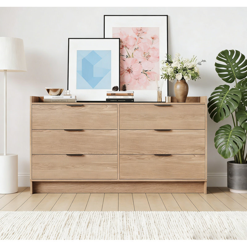 Commode moderne avec 6 tiroirs de 52,5 po de largeur avec poignée en métal, armoire de rangement double en bois avec tiroirs profonds et meuble télé.