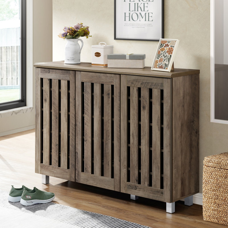 Camden Louvered Shoe 20 Pair Storage Cabinet, Brown