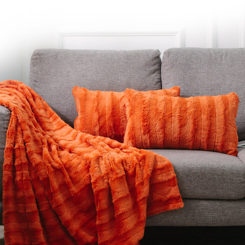Rust Faux Fur Decorative Throw Pillow Set, 12" x 20"