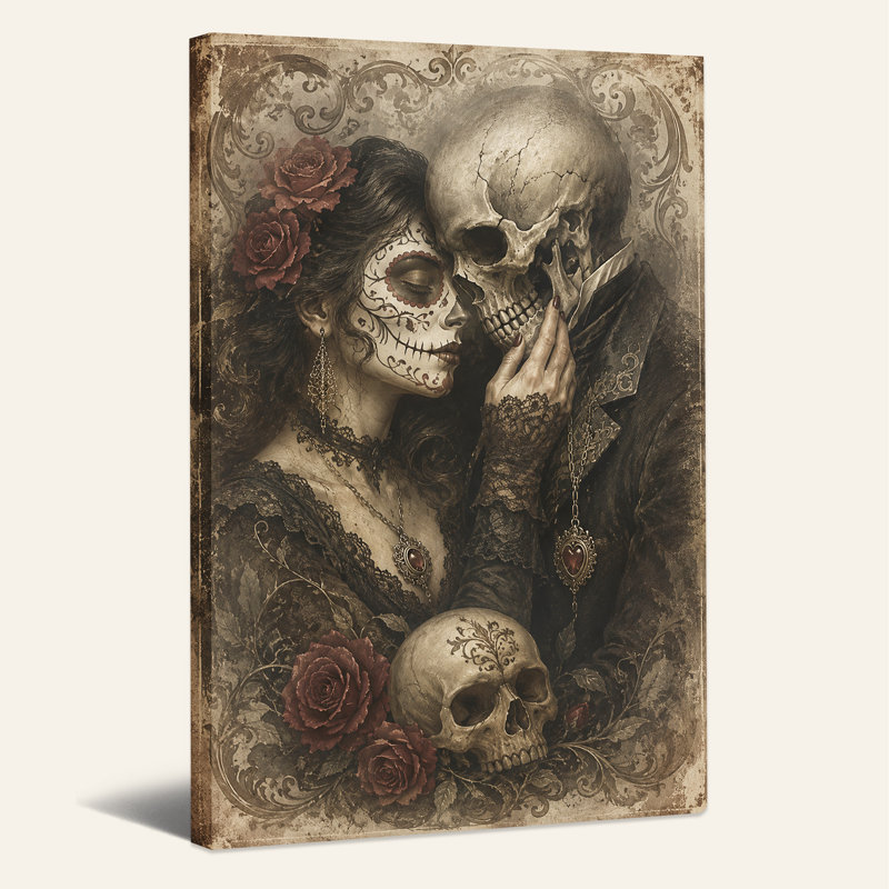 Art rétro sur toile, femme et squelette avec roses, H 18 po x l 12 po