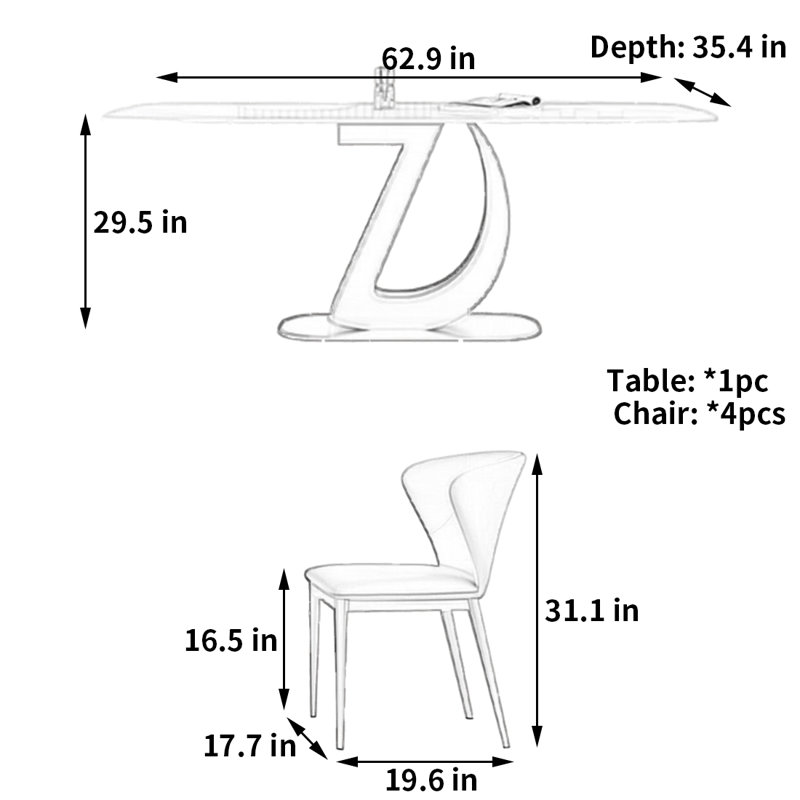 Table et chaise de salle à manger haut de gamme, 5, H 29,5 po x L 62,9 po x l 35,4 po