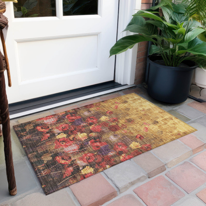 Gold Floral Rectangular Machine Washable Synthetic Rug 1'8" x 2'6"