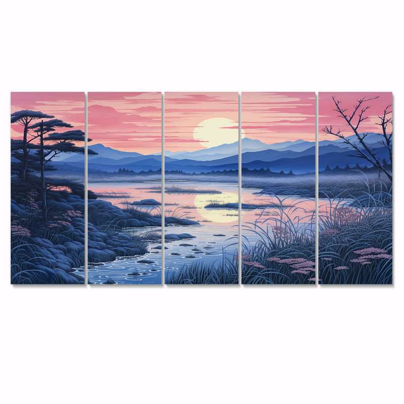 «Pink Japanese Lake View - River Mountain», ensemble de 5 pièces d'art mural, H 32 po x l 80 po
