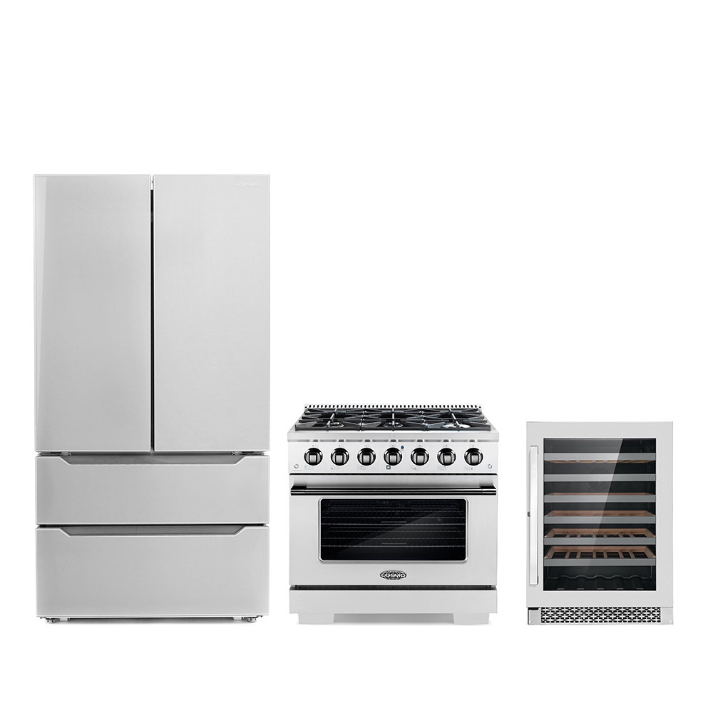 Cosmo 3 Piece Kitchen Appliance Package with French Door Refrigerator , 36'' Gas Freestanding Range , and Wine Refrigerator Cosmo 