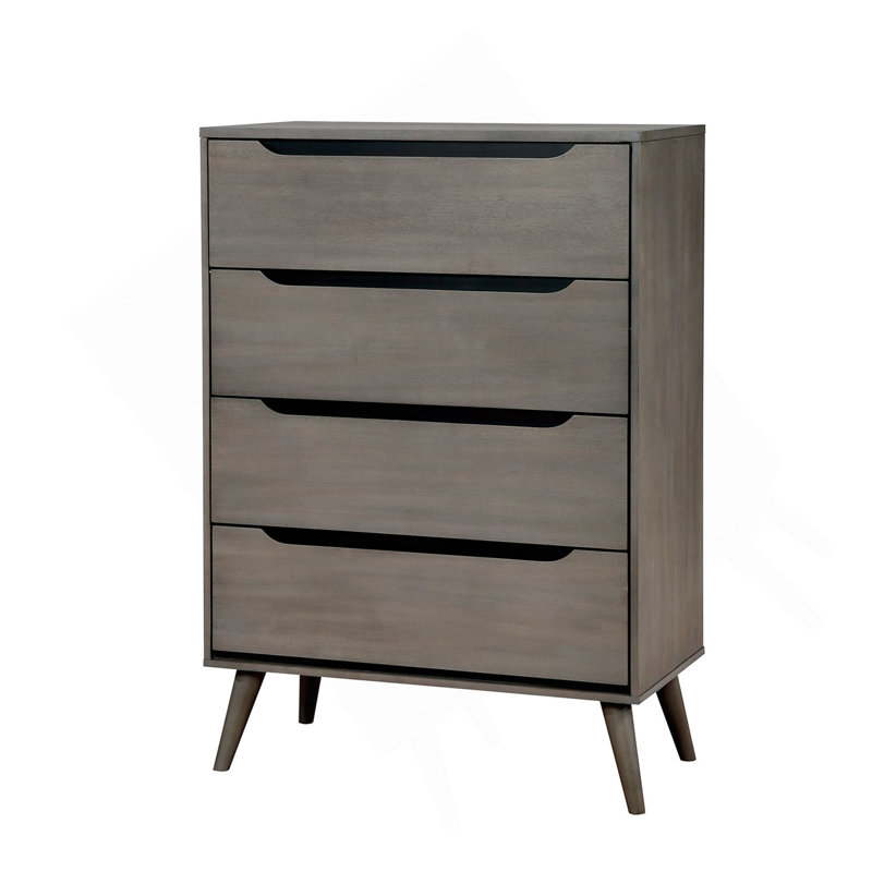 Commode ronde moderne de style Mid-Century avec pieds fuselés et quatre tiroirs encastrés, finition grise, Gris
