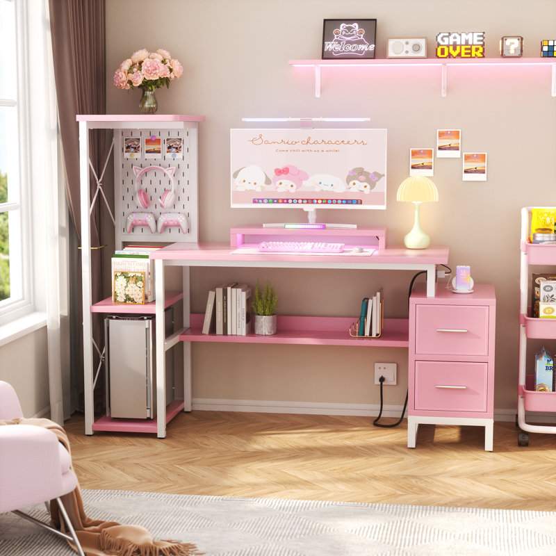 Reversible L Shaped Desk with Power Outlets and Fabric Drawers, Pink/White