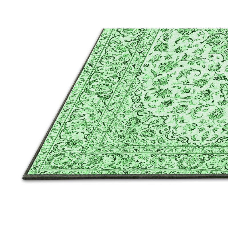 Tapis oriental en laine / polyester tissé à la machine Kazik en vert / ivoire / noir, Rectangle 2 pi x 3 pi