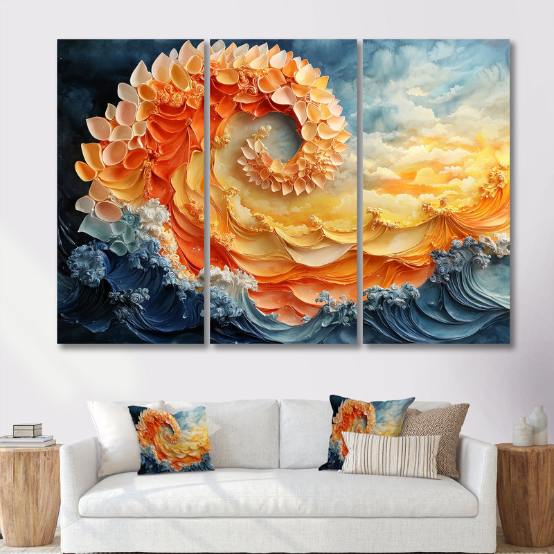Jaune et orange lever de soleil abstrait vagues II - ensemble de décorations murales spirales abstraites