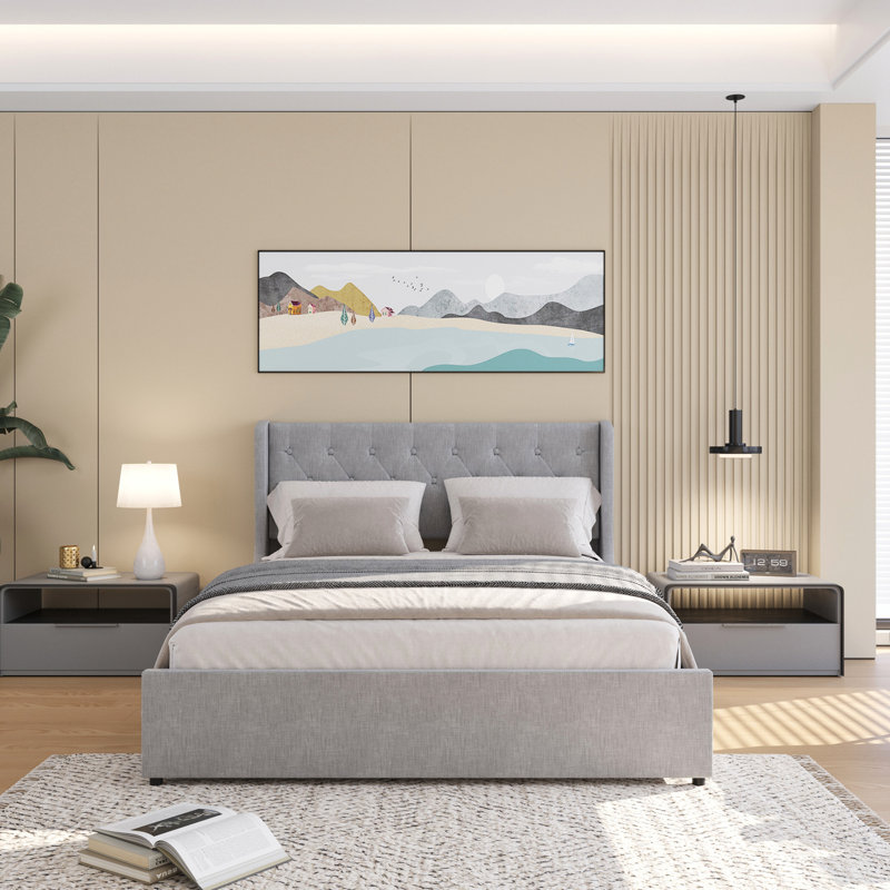 Grand lit avec 4 tiroirs de rangement et tête de lit à oreilles, revêtement gris