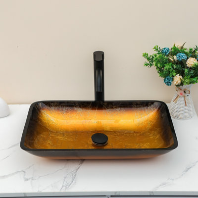 22" L x 14.2" W Rectangular Glass Bathroom Sink Vessel Sink with Pop-Up Drain