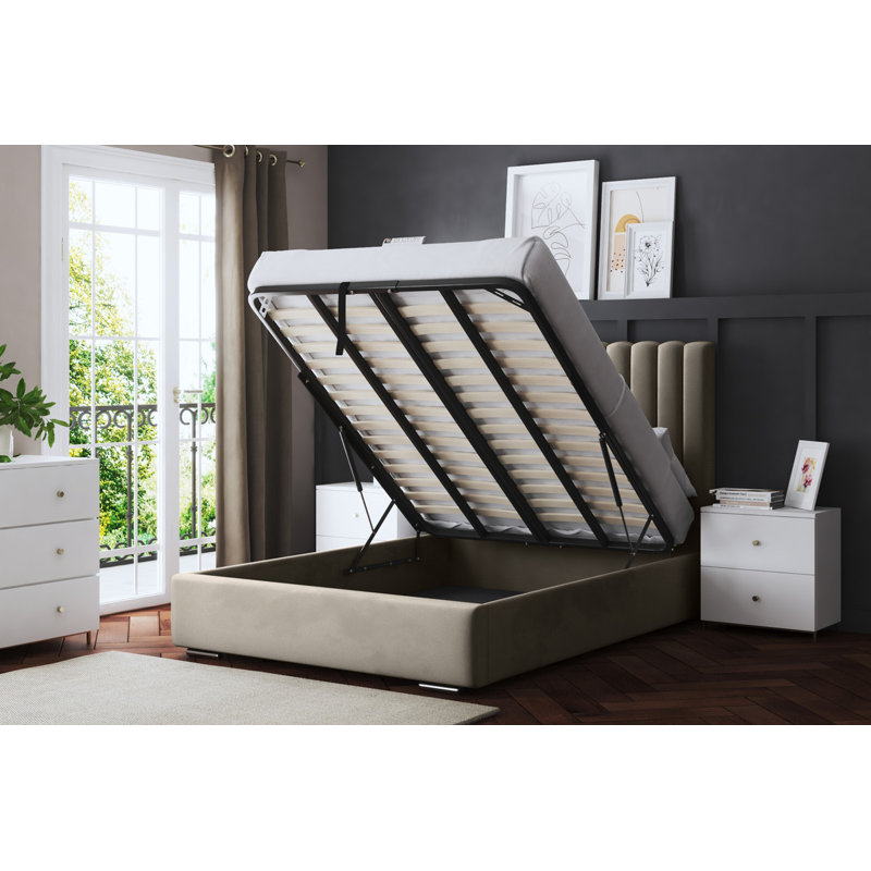  Panel Ottoman Bed with Headboard, Small Double (4'), Beige