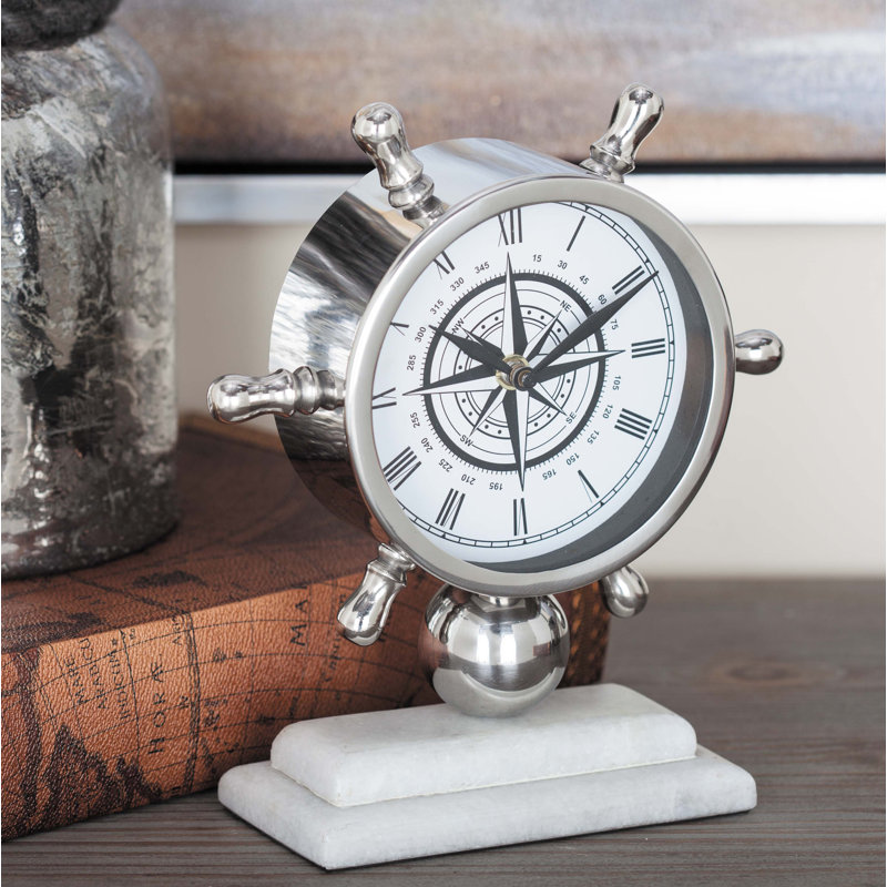 Coastal Analogue Tabletop Clock in Silver, 8" H x 9" W x 3" D