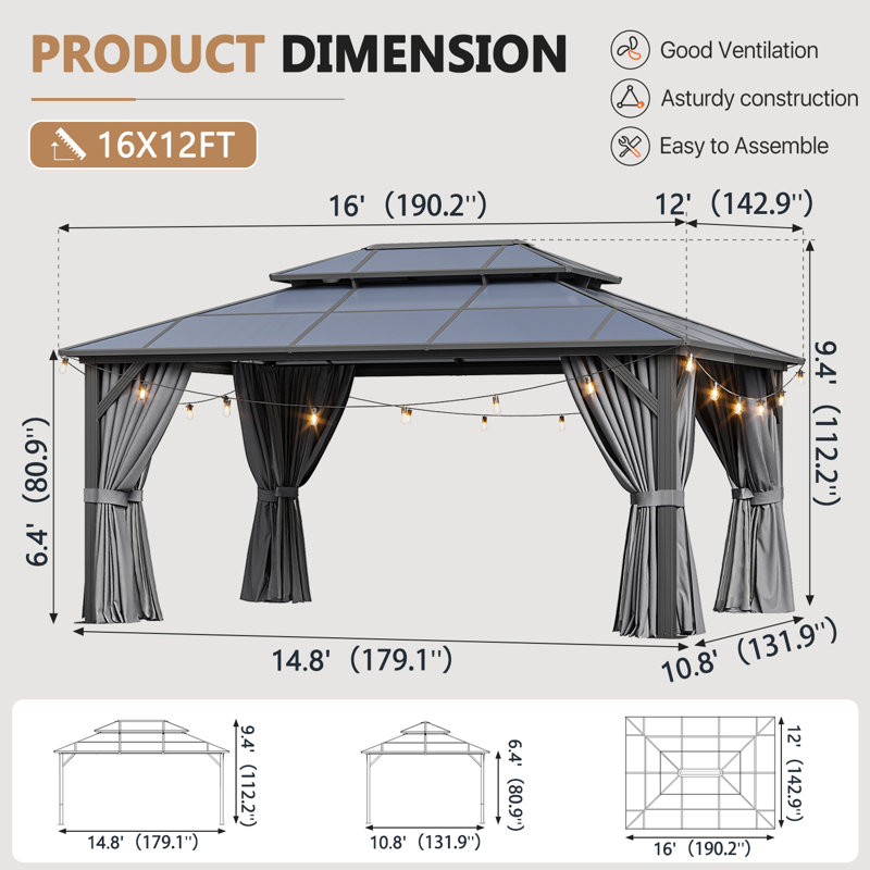 16 Ft. W X 12 Ft. D Metal Patio Gazebo