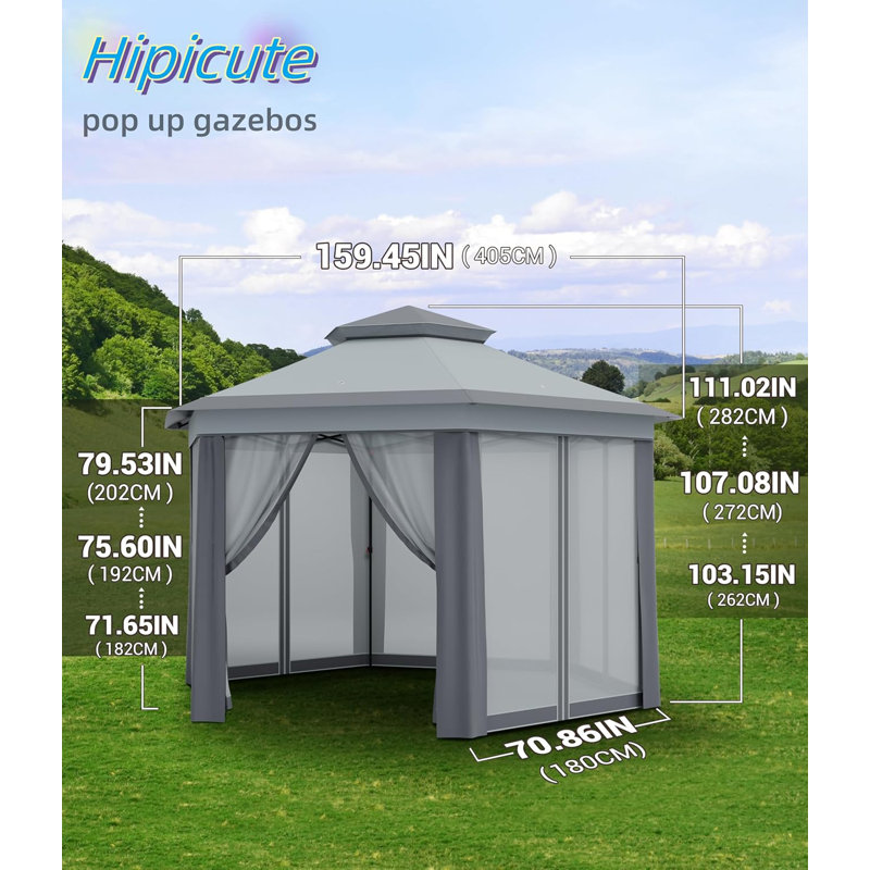 13 X 13 Ft Pop Up Hexagonal Gazebo, Outdoor Canopy Shelter, Pop Up Gazebos Tent With Netting And Strong Steel Frame, Grey