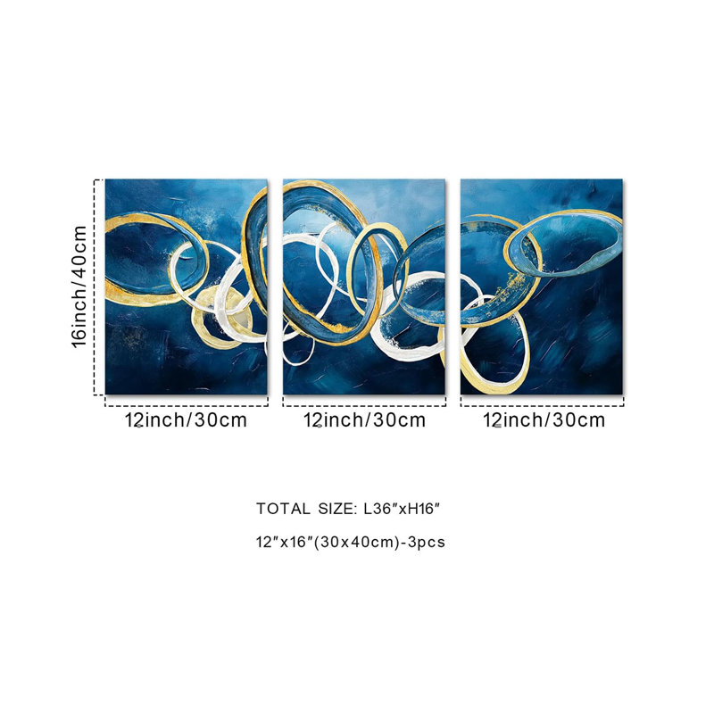 3 Piece Wrapped Canvas Wall Art, Blue