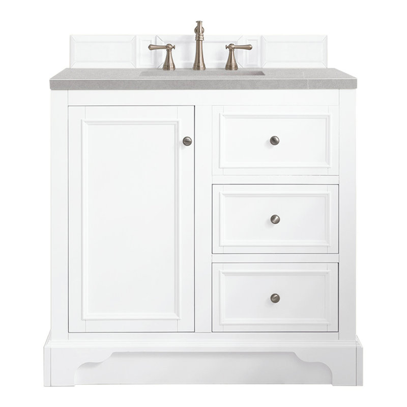 De Soto 36'' W Single Vanity, Bright White, Carrara White Marble, 8" Widespread