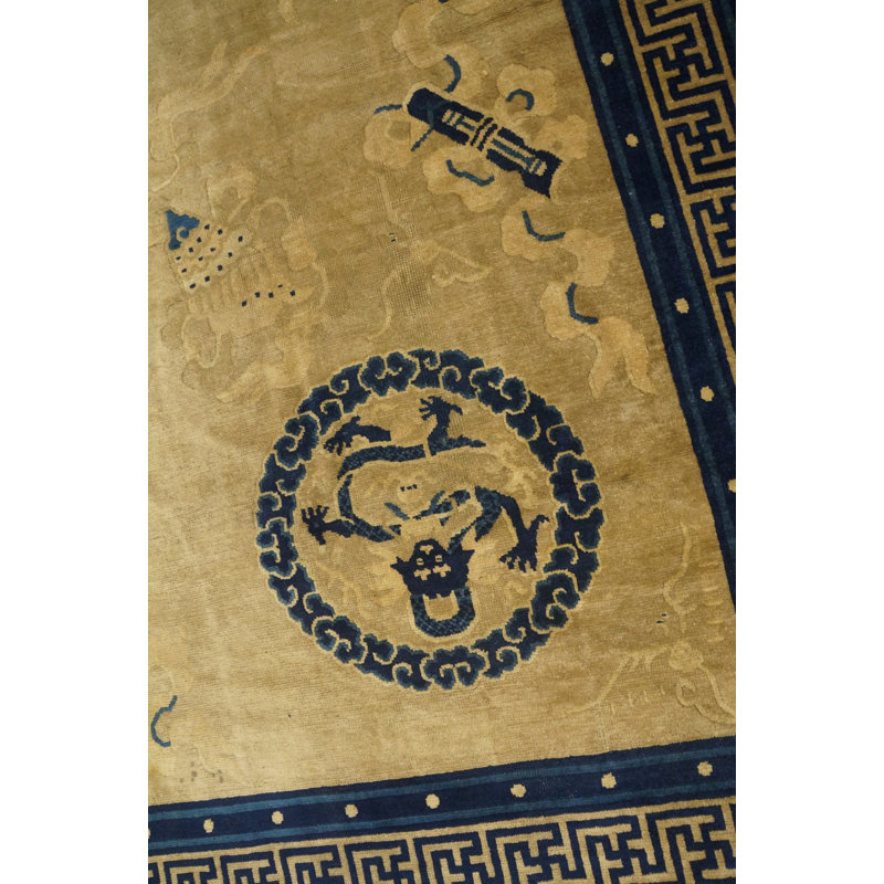 Antique Peking Chinese Geometric Ivory Beige Cream White 1900s Rug