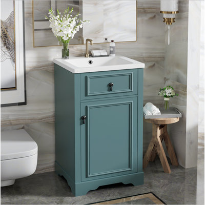 Meuble-lavabo de 20 pouces avec lavabo en céramique, porte à fermeture douce, tablette réglable et support de rangement fixé à la porte - idéal pour les petites salles de bain